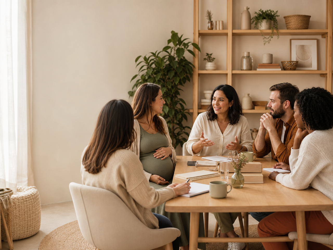 A pregnant woman and a diverse group sharing a supportive resource conversation