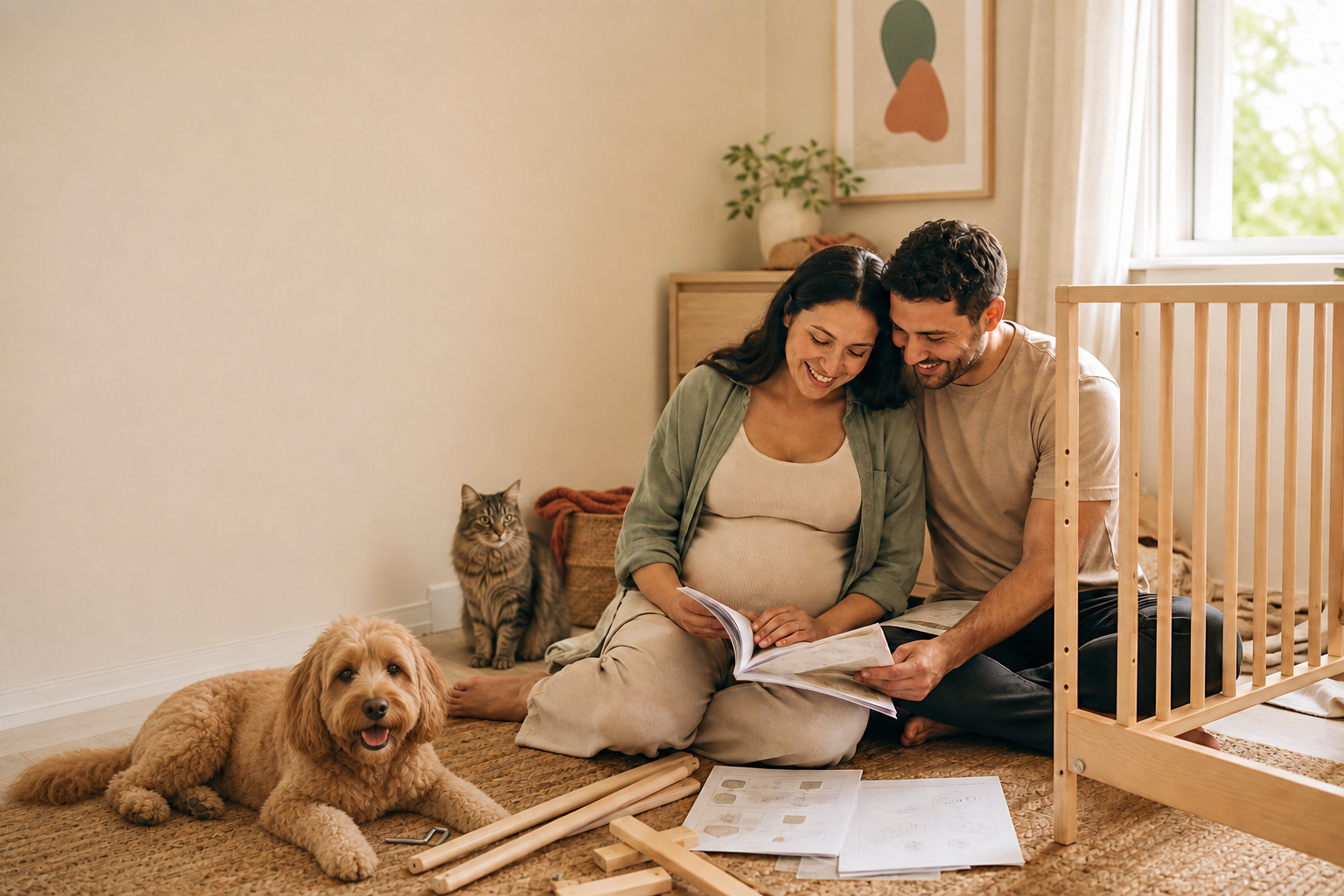 A pregnant woman and her husband review pregnancy resources together beside a partially assembled crib.