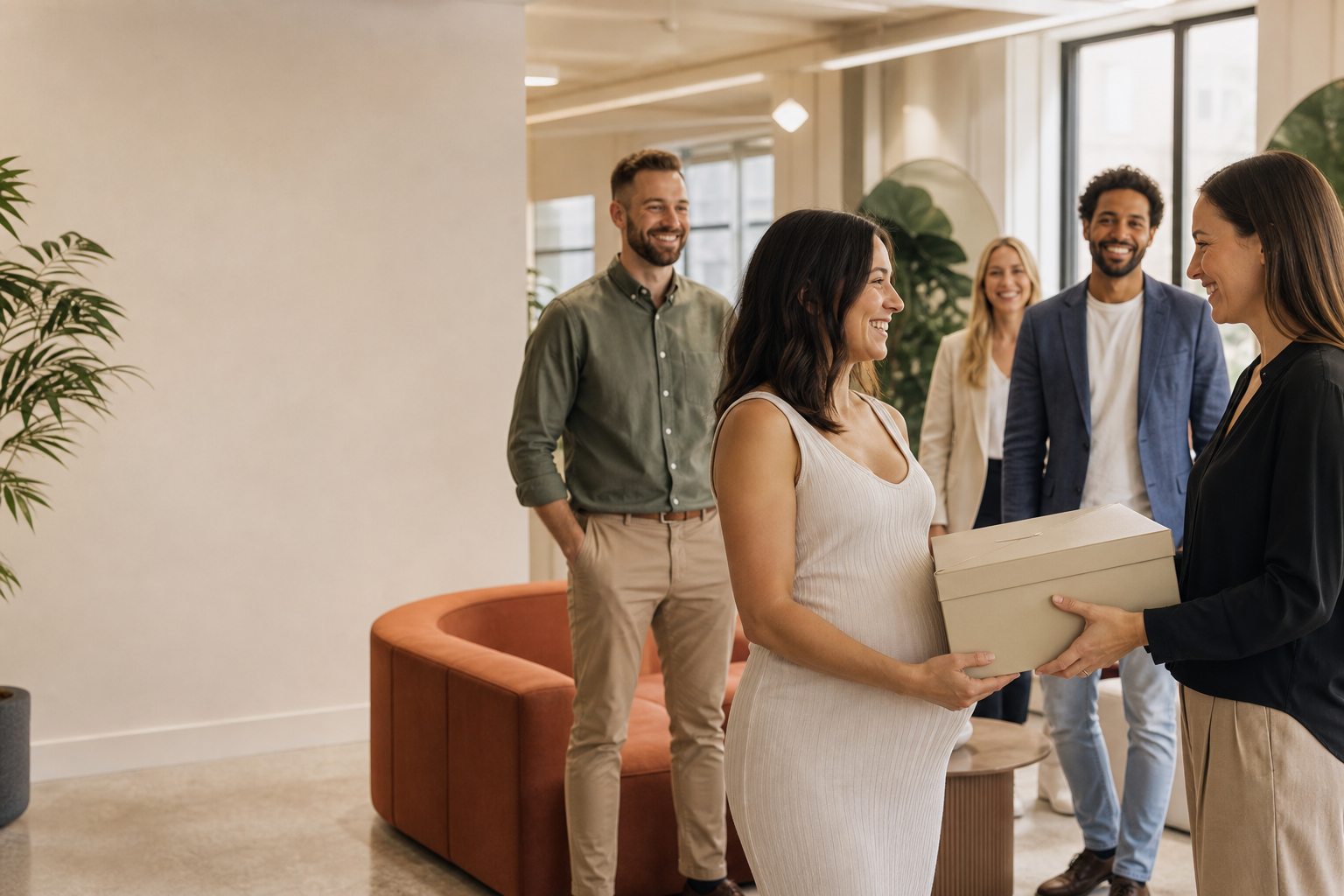 A pregnant employee receives an unbranded care box from a colleague in a bright workplace while teammates look on.