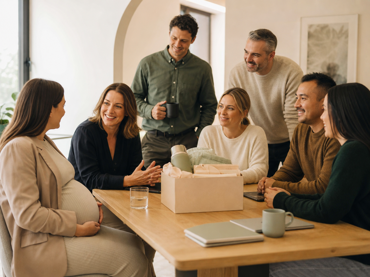 A mixed-gender workplace team gathers around a care box during a supportive meeting with a pregnant colleague.