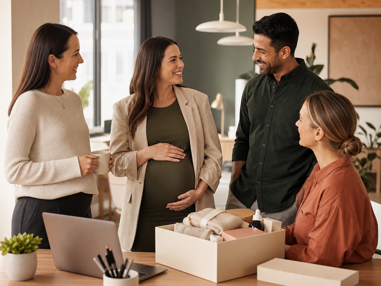 A pregnant employee shares a relaxed workplace moment with male and female colleagues beside an open care box.
